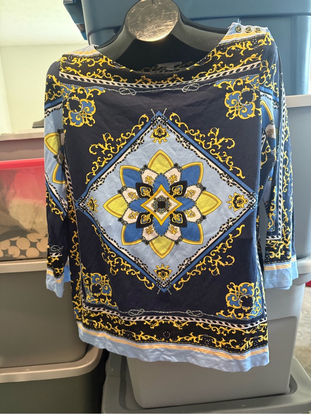 Women's Navy & Yellow Patterned Boatneck Top mp36